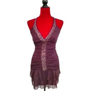 Love Tease Halter Dress Sequins and Ruffles Size S Eggplant Color